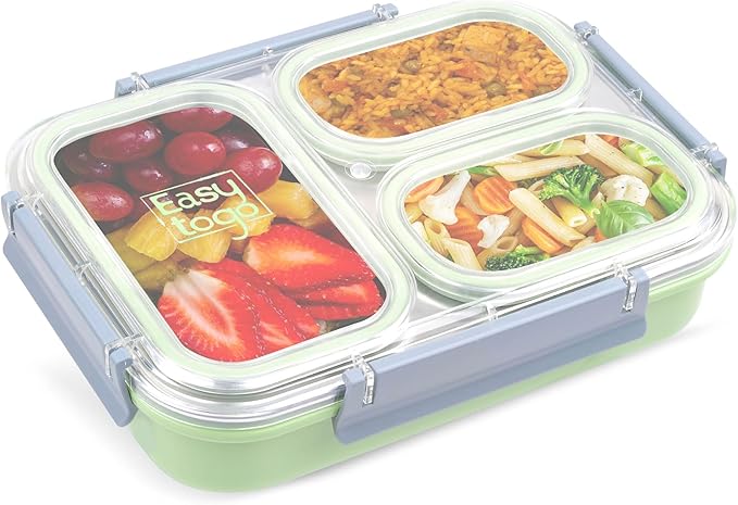 3 Compartment Stainless Steel Large Bento Box, 40oz Meal Prep Container with Reusable Snack Container, Large Lunch Box for Adults with Lids, Green Lunchbox