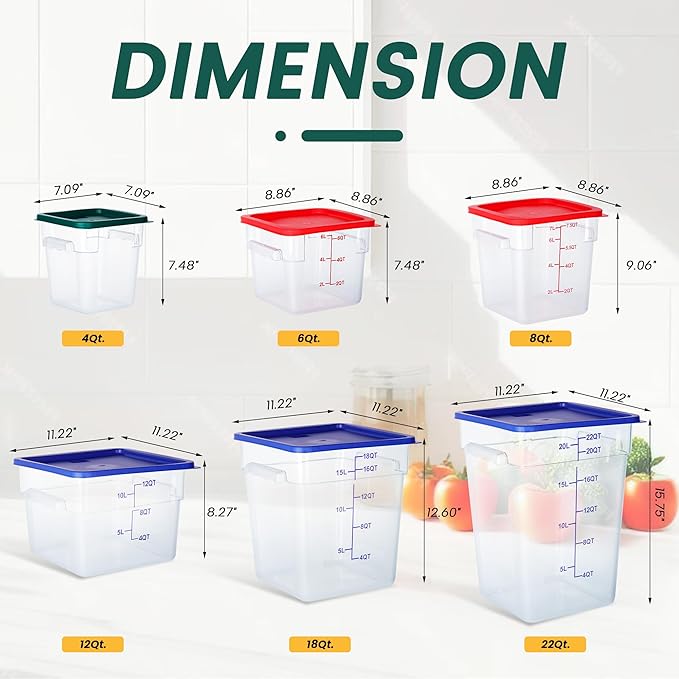 4 Pack Food Storage Containers, 4 Quart with Lids, Square Commercial Containers with Scale, Clear NSF Food Organizing, Polycarbonate