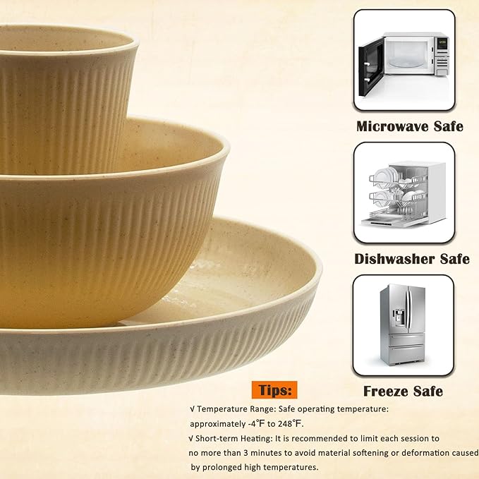Wheat Straw Dinnerware Set, 36pcs Dishes Plates and Bowls Sets, Service for 6, Reusable Dinnerware Set Kitchen Cups Plates and Bowls Sets