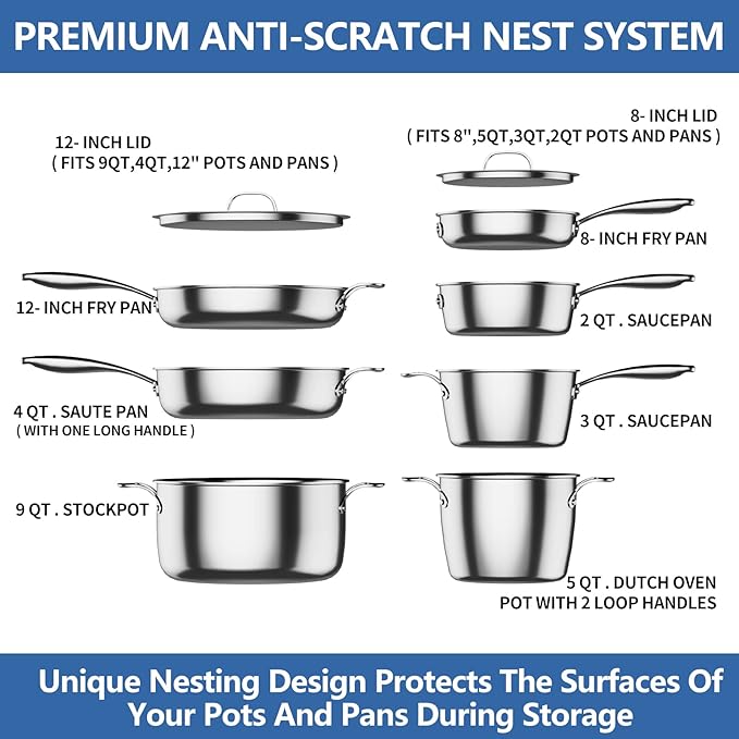 Nuwave Pro-Smart 9pc Stainless Steel Cookware Set, Heavy-Duty Tri-Ply 3.1mm Thickness, 18/10SS, Space Saving Nestable Design, Stay-Cool Handles, Induction-Ready, Works on All Cooktops, 20Yeär Wärranty