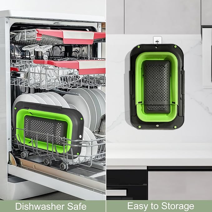 ROTTOGOON 7Qt Collapsible Colander Strainer, Expandable Over the Sink Colander, Adjustable Silicone Kitchen Sink Strainer, Foldable Large Colanders Basket to Wash Vegetable, Fruit, 15" to 19.8", Green