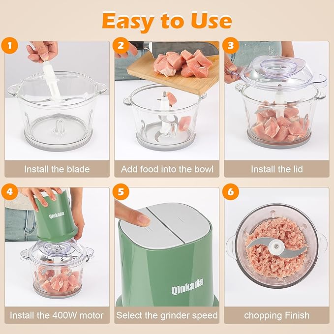 Food Processors with 2 Bowls, 400W Meat Grinder, Food Chopper Electric, 2 Speed, 8Cup Glass and 8Cup 304 Stainless Steel, 2 Blades, Spatula Green