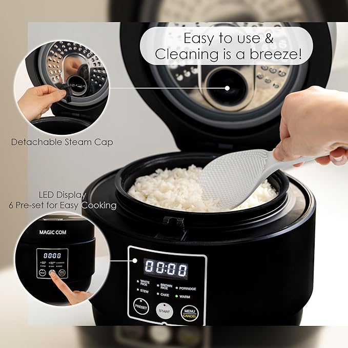MAGiC COM Rice Cooker 4 Cup(Uncooked) 8 Cup(Cooked), Small Rice Cooker with Steamer, One Touch Healthy Cooking & Warmer, Slow Cooker with Nonstick Inner Pot, 24 Hour Delay Timer, Grain Cooker/Black