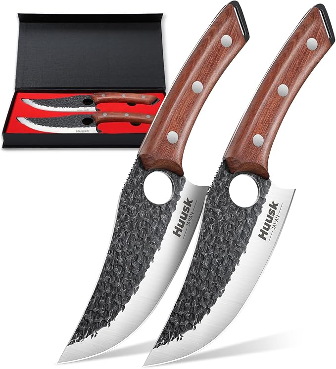 Huusk Viking Knife Set of 2, Japanese Butcher Knife Set for Meat Cutting, Hand Forged Boning Knives with Wood Handle, High Carbon Steel Japanese Knives for Camping, BBQ, Father's Day Gifts for Dad