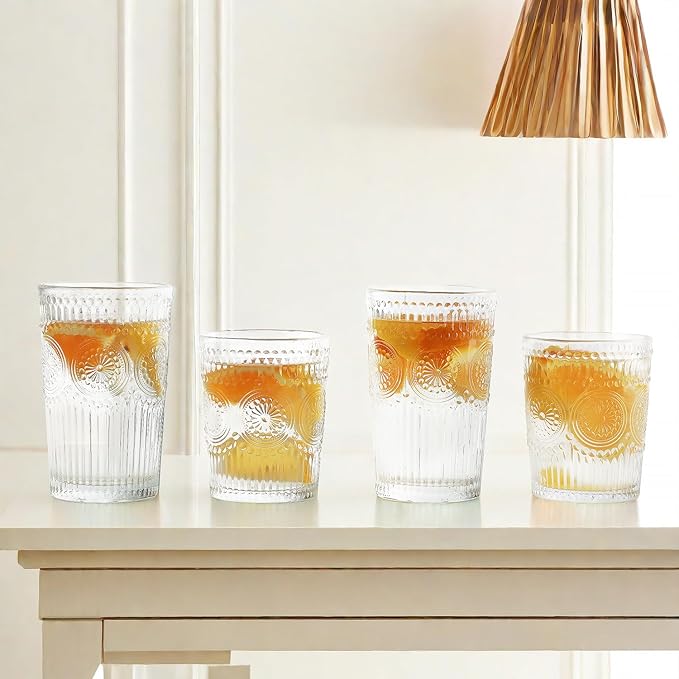 12pcs Vintage Drinking Glasses Set, 12 oz Highball Glasses & 9 oz Embossed Ribbed Glassware Cups for Cocktail, Water, Juice, Coffee, Whiskey (Clear)