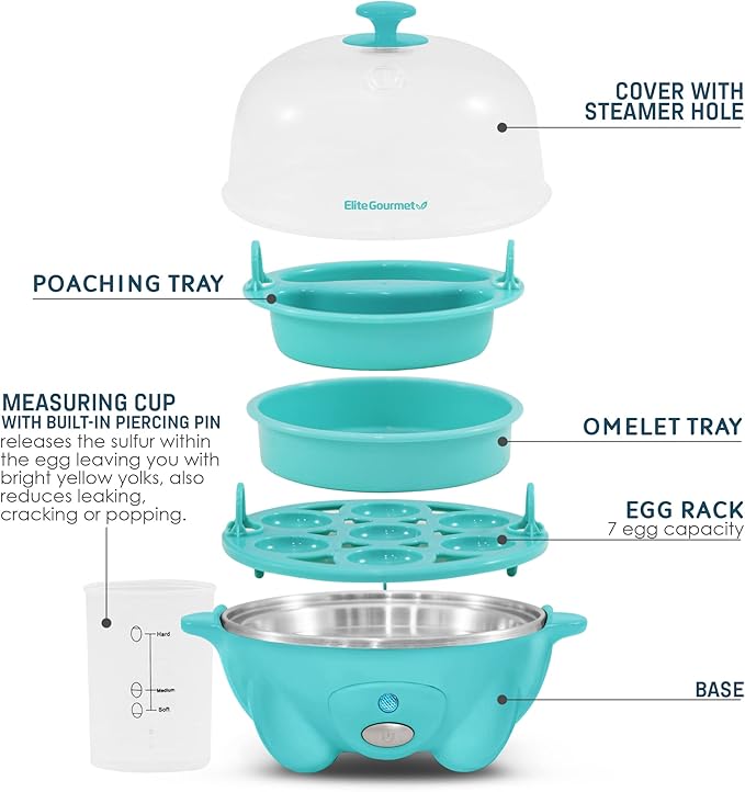 Elite Gourmet Easy Electric 7 Egg Capacity Soft, Medium, Hard-Boiled Cooker Poacher, Scrambled, Omelet Maker with Auto Shut-Off and Buzzer, BPA Free