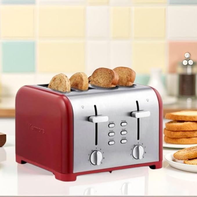 Kenmore Toaster 4 Slice - Extra Wide Slot Countertop Kitchen Appliance, Defrost Function, Grille-Pain, 9 Shade Settings, Compact Design, Easy Clean Crumb Tray, Bread Bagel, Stainless Steel & Red