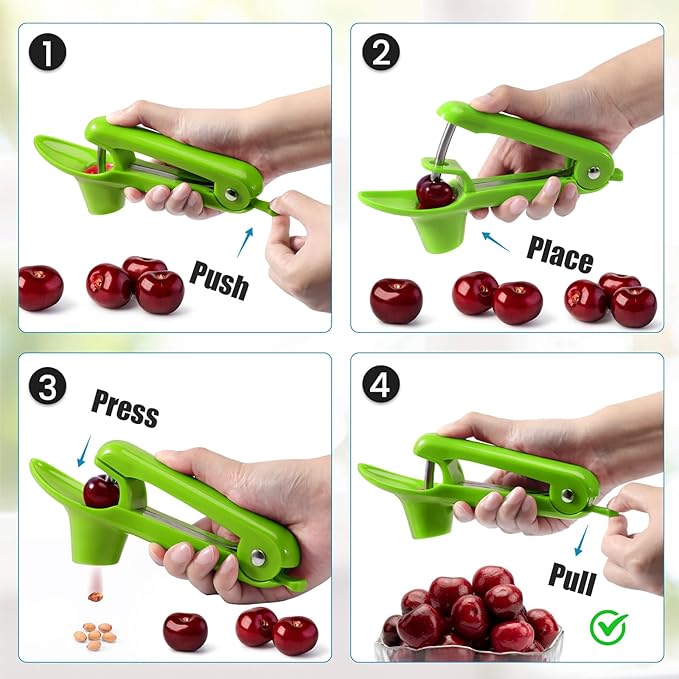 SCHVUBENR Cherry Pitter Tool - Stainless Steel Cherry Corer Pitter with Ergonomic Push Design - Easy to Use for Making Cherry Jam - Pit Cherry with Ease, Saving Time & Space with Lock Design(Green)
