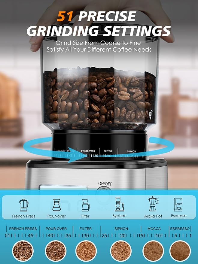 Homtone Conical Burr Espresso Coffee Grinder, 51 Precise Settings, Electric Mill with Portafilter Holder, 2-12 Cups Adjustable, Anti-static, Stainless Steel, 120V