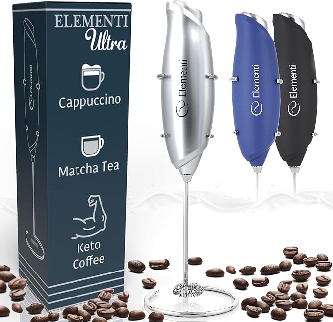 Elementi Milk Frother Wand - Coffee Frother Handheld - Drink Mixer - Coffee Mixer Wand - Cold Foam Maker - Electric Stirrer for Drinks (Silver)