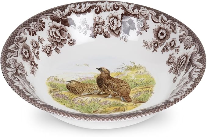 Spode Woodland Red Grouse Ascot Cereal Bowl - 8" Fine Earthenware, Floral Border, Rustic Wildlife Design for Cereal, Salads, Ice Cream or Popcorn - Microwave, Oven, Dishwasher Safe, Made in England