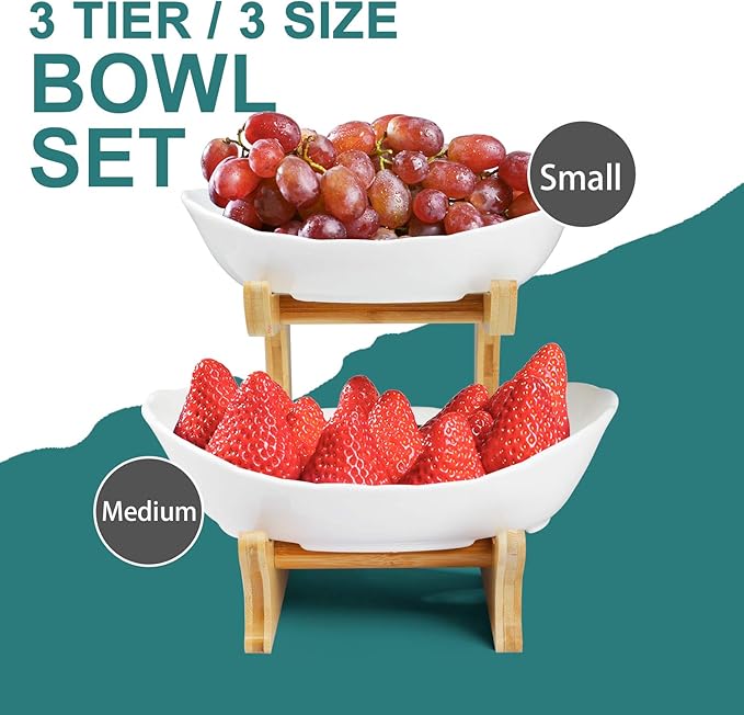 Seven Sparta 2 Tier Fruit Bowl for Kitchen Counter/Ceramic Serving Bowls with Bamboo Stand/Tiered Fruit Basket for Fruit Vegetable Storage, Cake, Dessert, Nuts, Snack, Salad (Dishwasher Safe)