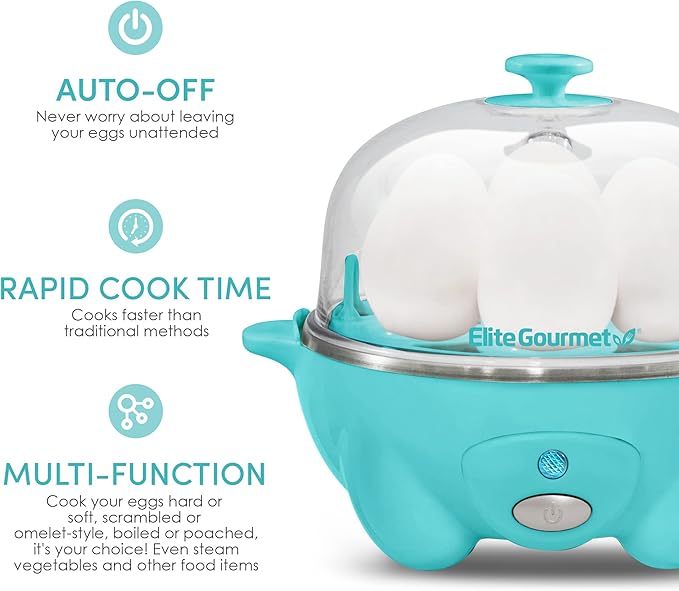 Elite Gourmet Easy Electric 7 Egg Capacity Soft, Medium, Hard-Boiled Cooker Poacher, Scrambled, Omelet Maker with Auto Shut-Off and Buzzer, BPA Free