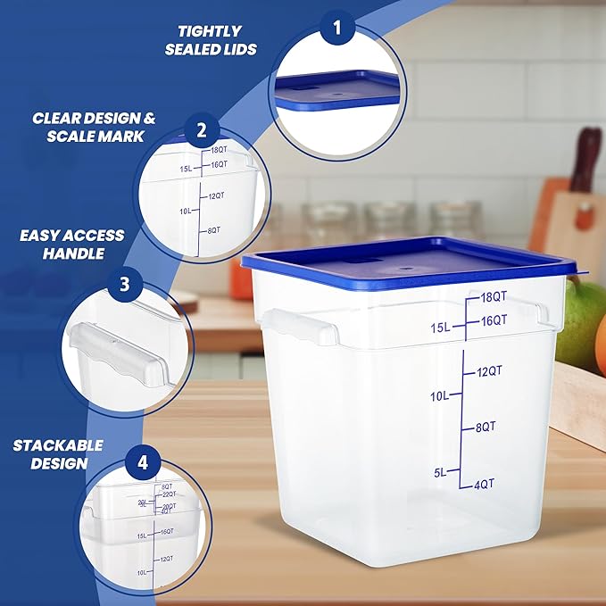 4 Pack 18 Quart Food Storage Containers with Lids, Polycarbonate Square Commercial Food Containers, NSF, Clear, New Version