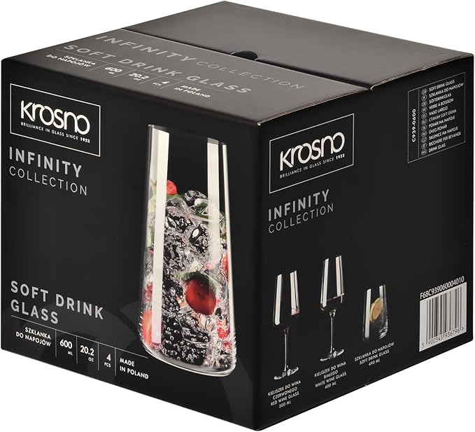 Krosno Water Glasses, Set of 4, Capacity 20 fl oz, Infinity Collection, Thin Highball Glasses,Clear Tall Glass Cups For Water, Juice, Drinks, and Cocktails, Dishwasher Safe, Made in Europe