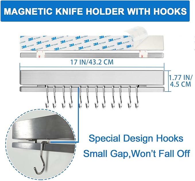 17 Inch Magnetic Knife Holder for Wall No Drill/Drill with 12 Hooks-Strong Adhesive Double Magnetic Bar Knife Magnetic Strip-Kitchen Utensil Holder-304 Stainless Steel Magnetic Knife Block