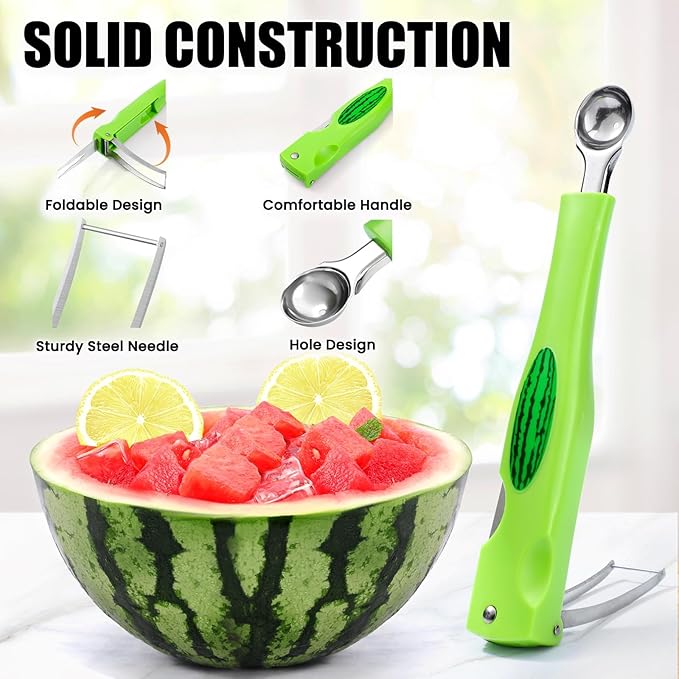 Premium Watermelon Cutter - 3 in 1 Watermelon Cutter Slicer Tool - Foldable Watermelon Slicer - Fruit Cutter for Kitchen Gadgets - Stainless Steel Watermelon Knife - Melon Baller Scoop