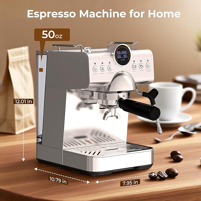 20 Bar Espresso Machine,Compact Stainless Steel Cold Brew & Hot Coffee Machine with Steam Wand,LED Display,50 oz Removable Water Tank,Cappuccino Machine for Home,Semi-Automatic,Silver