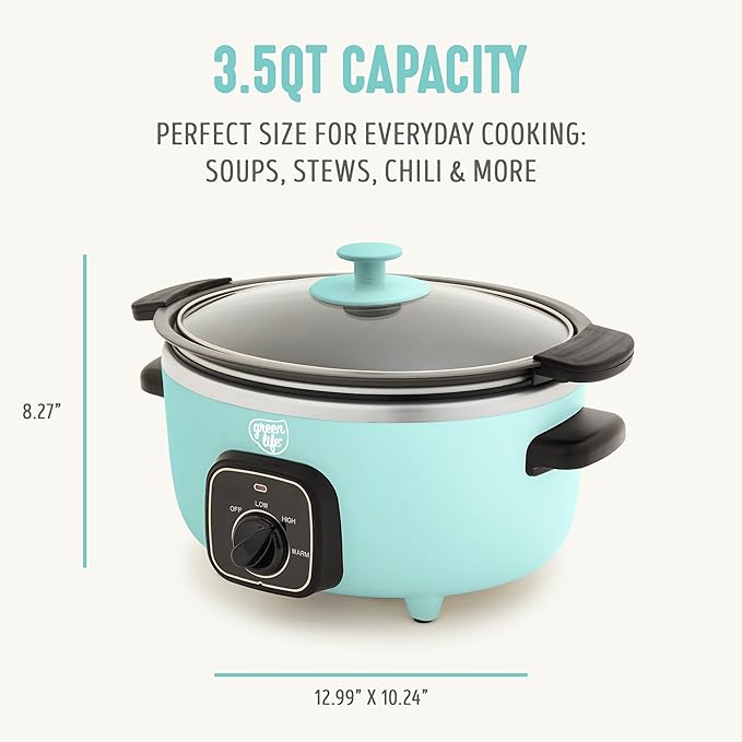 GreenLife 3.5QT Slow Cooker, Non-Toxic PFAS-Free Ceramic Nonstick Removable Interior Bowl, Programmable, Keep Warm, Stovetop & Oven Safe, Dishwasher Safe Parts, Glass Lid, Turquoise
