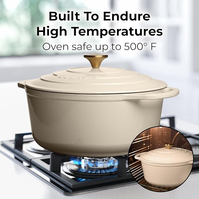 Zulay Kitchen 7.7 Quart Enameled Cast Iron Dutch Oven with Lid, Silicone Trivet & Heat Pad – Premium Durability & Oven Safe up to 500°F – Heavy Duty Cookware Perfect for Bread Baking, Stews, Braising & Roasting – Ivory