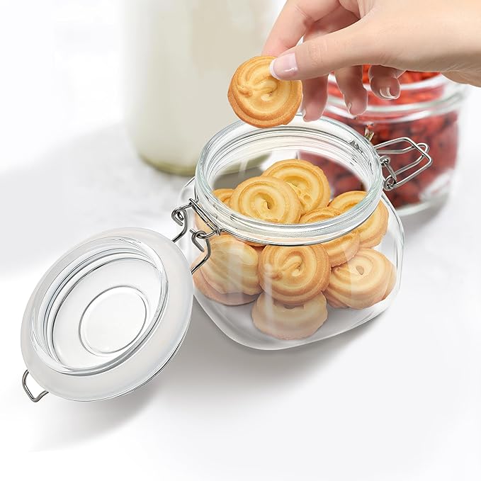 Glass Food Storage Jars with Airtight Lids 17 oz Square 4 Pack Kitchen Storage Containers Cabinet Canisters Sealed Pot Canning for Pasta, Cereal, Coffee, Beans, Spice
