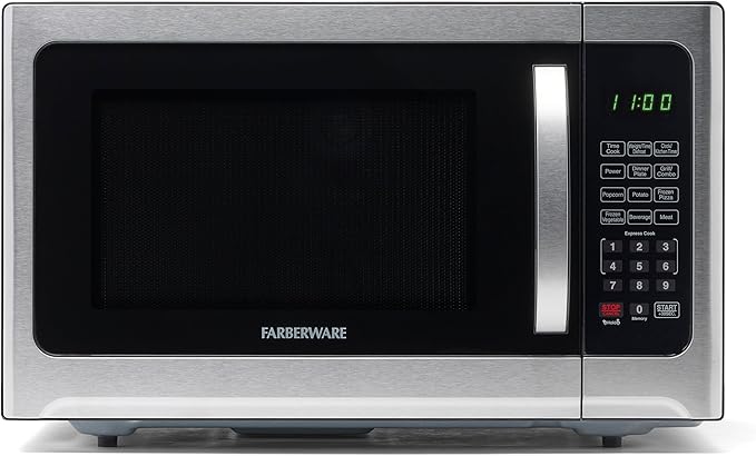 Farberware Countertop Microwave Oven 1.2 Cu. Ft. 1000 Watt with LED Lighting, Child Lock, Easy Clean Grey Interior, Stainless Steel, Black Stainless