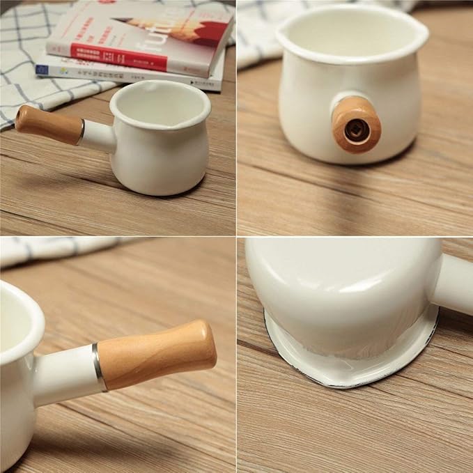 Enamel Milk Pot, Small Saucepan Milk Pot Butter Warmer 4 Inch 17 Oz Enamel Small Sauce Pan with Wooden Handle, Perfect Size for Heating Smaller Liquid Portions. (White)