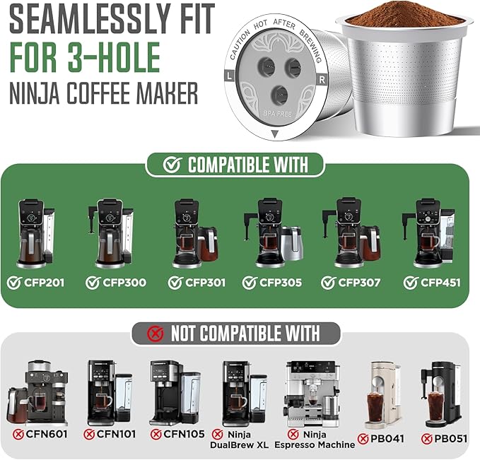Ninja Reusable Coffee Pod: VIVI SKY Upgraded Stainless Steel Refillable Ninja K Cups - 3 Holes Coffee Filters For Ninja Coffee Maker CFP201 CFP301 CFP305 CFP307 CFP400 CFP300 (2 Pack)