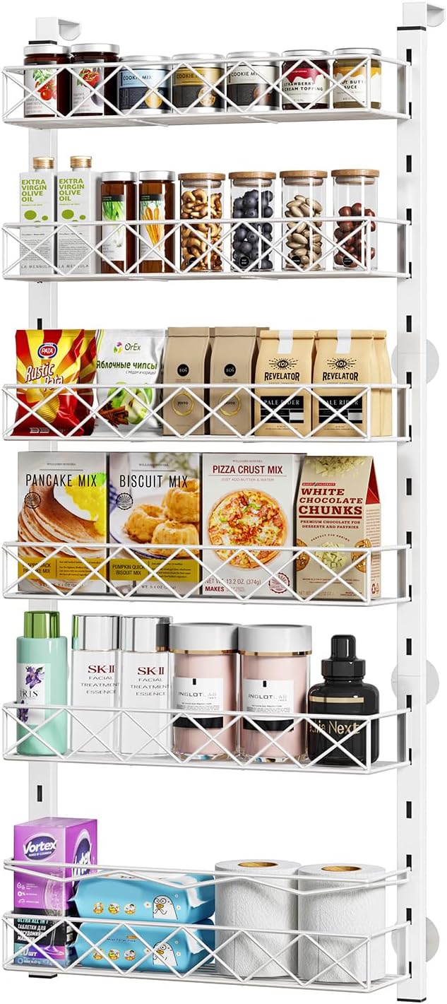 MIAOLI Over the Door Organizer, White 6-Tier Pantry Door Organizer with Adjustable Basket, Hanging Spice Rack Cabinet Door Shelves, Laundry Room Organization and Storage