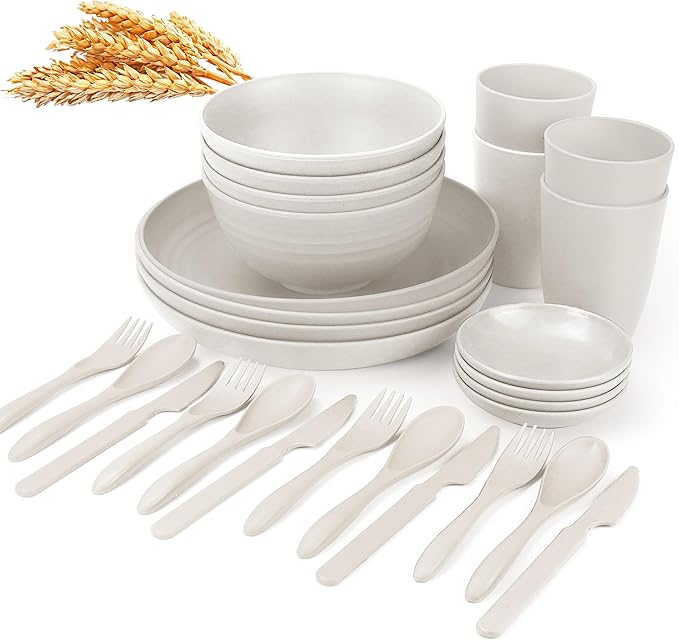 Wheat straw dinnerware sets - 28 Pieces dish sets service for 4 - Lightweight and Unbreakable Plates and Bowls Sets for Travelling and Camping.White