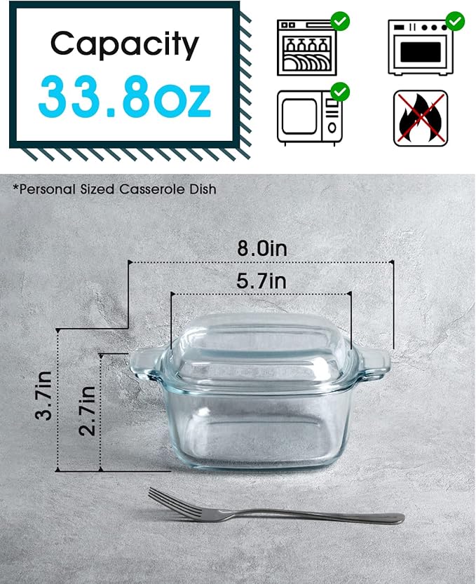 NUTRIUPS 1L Glass Square Casserole Dish with Lid, Mini Glass Casserole Cookware