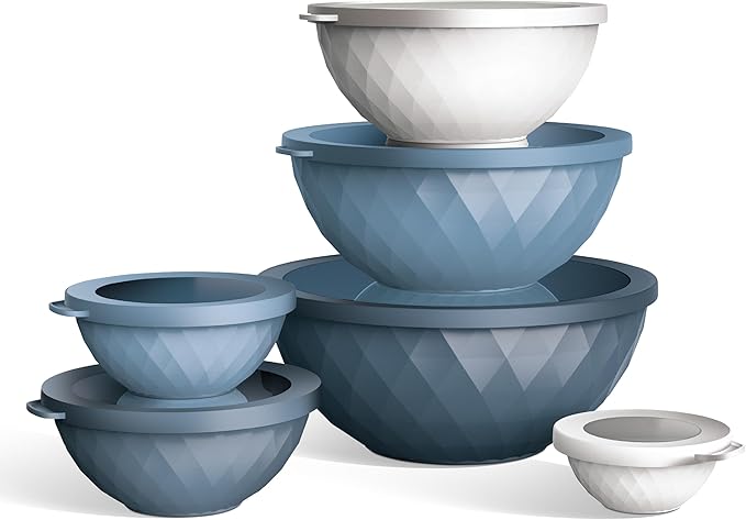 COOK WITH COLOR Mixing Bowls with Lids - 12 Piece Plastic Nesting Bowls Set includes 6 Prep Bowls and 6 Lids, Diamond Design - Microwave Safe (Mint)