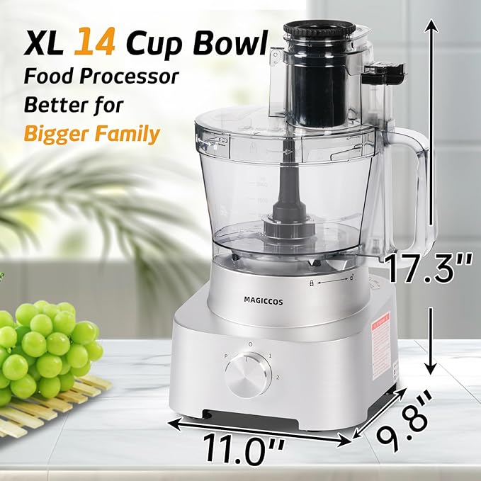 14-Cup Aluminum-Diecast Food-Processor-XL Bowl, Large Chute, 800W Motor & Silver Die-Cast Base, Slicing & Shredding, Chopping & Mixing, For Fries, Cheese, Meat & Veggie Prep, For Home Kitchen