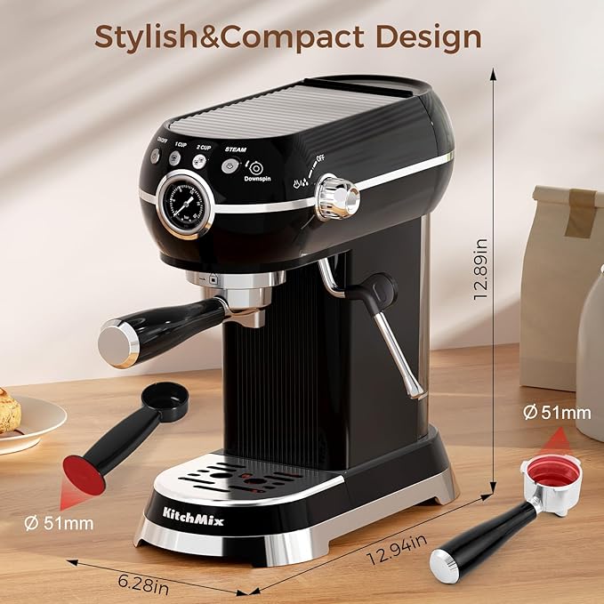 Expressions 20 Bar Espresso Machine with Milk Frother, Coffee Maker for Latte and Cappuccino, Removable Water Tank (Glossy drak)