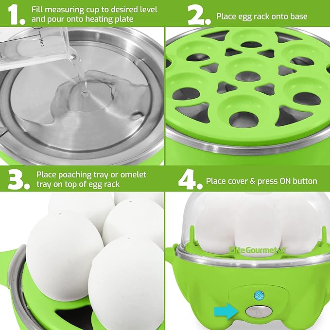Elite Gourmet Easy Electric 7 Egg Capacity Soft, Medium, Hard-Boiled Cooker Poacher, Scrambled, Omelet Maker with Auto Shut-Off and Buzzer, BPA Free