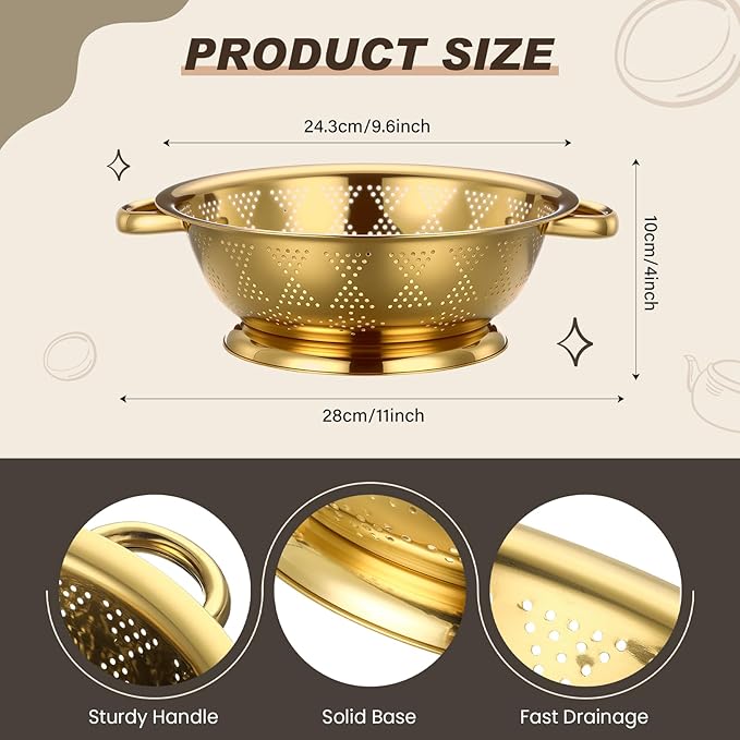 4 Pcs Gold Kitchen Accessories Includes Stainless Steel Colander and 3 Pcs Gold Fine Mesh Strainer Essential Kitchen Colander Strainers with Handles, Easy Clean and Dishwasher Safe(3.7 Qt)
