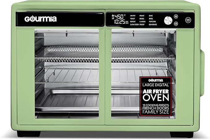 Gourmia French Door Digital Air Fryer Oven - 25-Quart XL Capacity, 12 Presets, Touchscreen, FryForce 360° Tech, Dehydrate, Proof, Slow Cook, Fits 13” Pizza, 1700W, Green