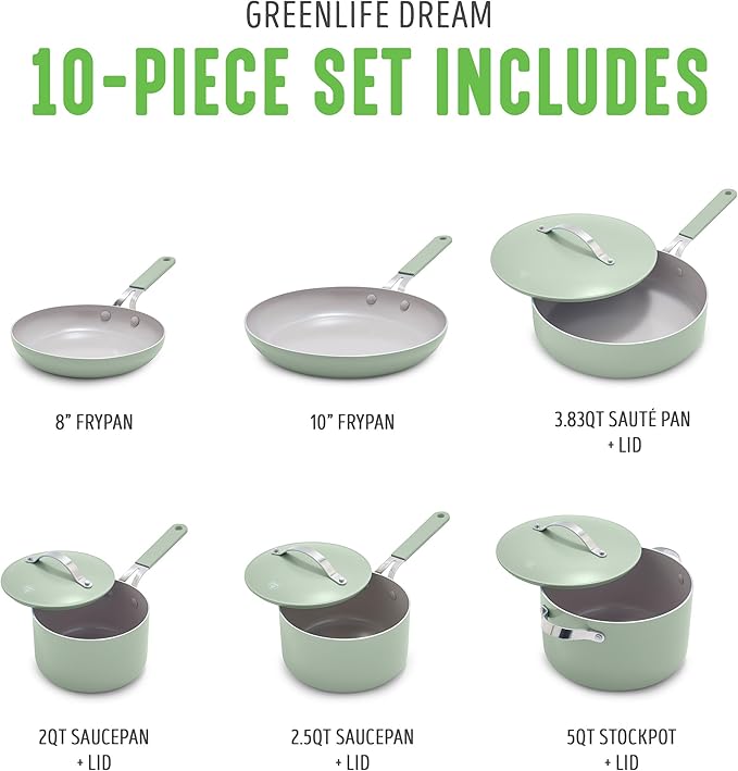 GreenLife 10-Piece Nonstick Ceramic Cookware Set, Lightweight Healthy PFAS-Free Pots & Pans with Lids, Dishwasher & Oven Safe, Durable Body, Silicone Stay-Cool Handles, Easy Release, Sage Green