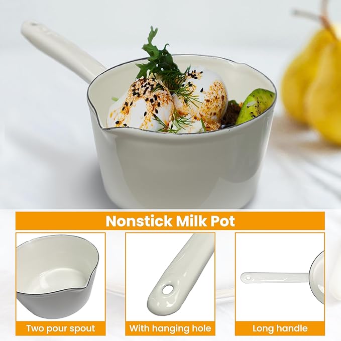 Enamel Milk Pan, 1.2L Mini Butter Warmer, Enamelware Saucepan Pan with Pour Spout, Nonstick Enamel Milk Pot, Butter Melting Pot for Induction Electric Gas Stoves