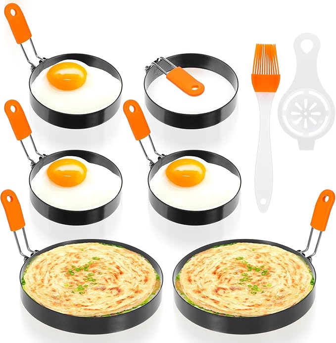 6 Pcs Professional Egg Ring Pancake Ring Set Stainless Steel Fried Egg Ring Griddle Pancake Shapers with Grill Oil Brush & Egg Separator for Breakfast Omelette Sandwich (4, 6 Inch)