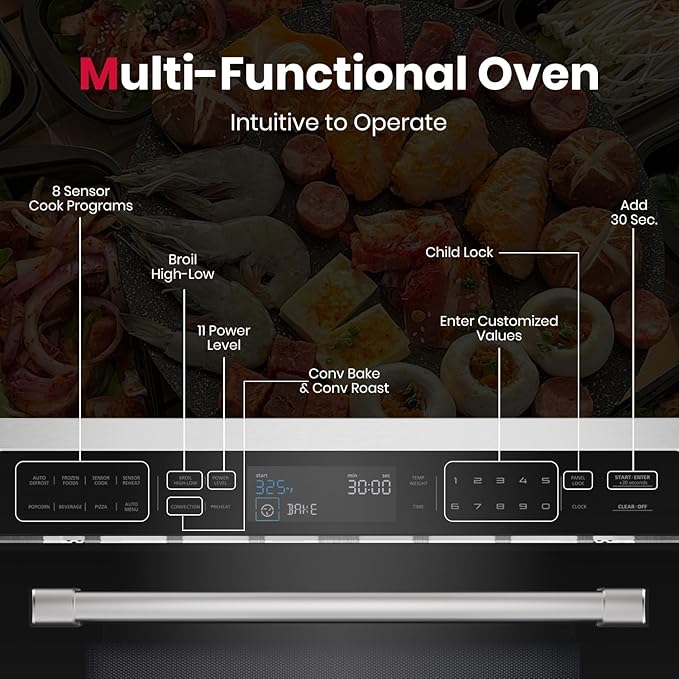 Gasland 24 Inch Built in microwave oven, Microwave and Convection Oven Combination, 1000W, 11 Levels, Sensor Cook, Touch Control, LCD Display, 1.6 Cu. Ft Wall Microwave Oven Combos, Stainless Steel