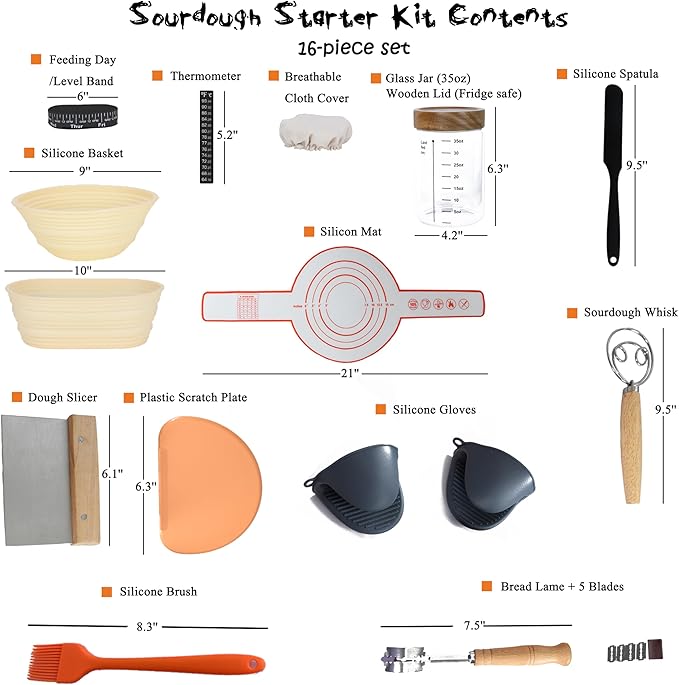 Complete Sourdough Starter Kit, Glass Sourdough Starter Jar Kit & Sourdough Bread Baking Supplies - Sourdough Starter Kit Includes Sourdough Jar, Silicone Bread Proofing Bowl & More (yellow, 10 inch)