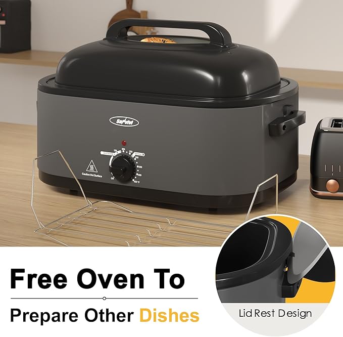 Sunvivi Electric Roaster Oven with Viewing Lid, 26-Quart Turkey Roaster, Defrost/Warm Function, Removable Pan & Rack, Stainless Steel, Grey
