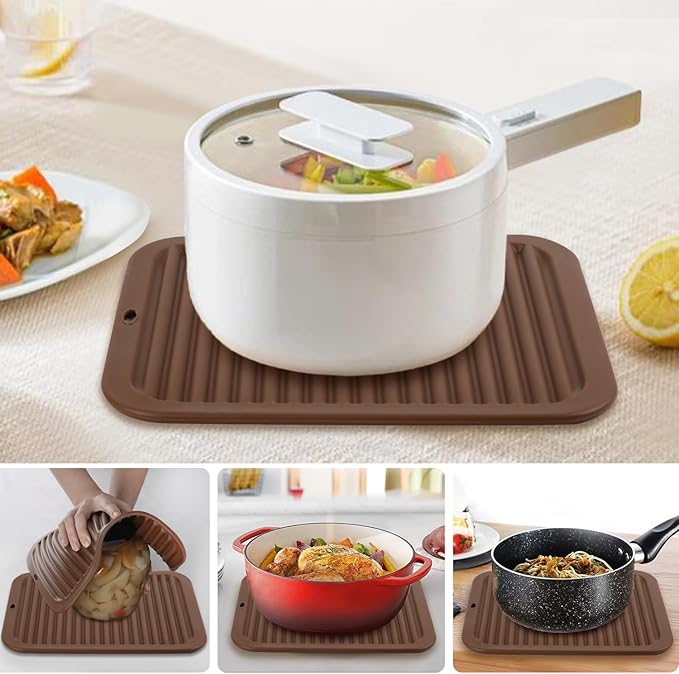4 Pack Silicone Trivets for Hot Dishes Large 446°F Heat Resistant Pot Holder Hot Pads for Kitchen 9'' x 12' Brown Silicone Trivet Mat for Hot Pots and Pans, Jar Opener, Drying Mat