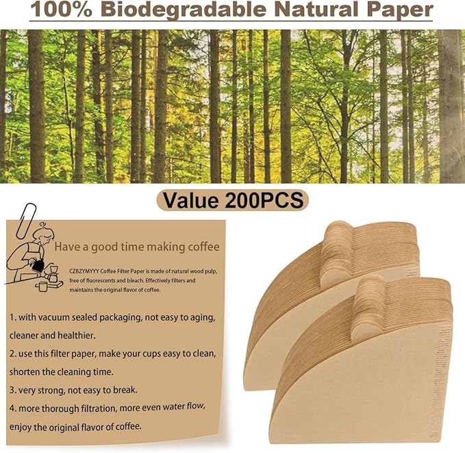 200 Count Coffee Filter, Unbleached Cone Filters for 2-4 Cup Brewers, Biodegradable and Chemical-Free Coffee Filters for Home, Travel & Office (Size #2)