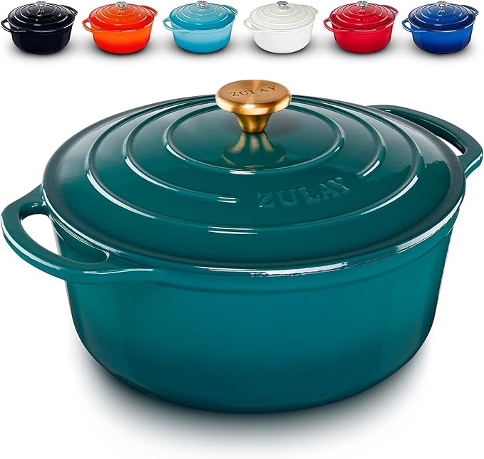 Zulay Kitchen 6 Quart Enameled Cast Iron Dutch Oven with Lid – Premium Durability & Oven Safe up to 500°F – Heavy Duty Cookware Perfect for Bread Baking, Stews, Braising & Roasting – Emerald