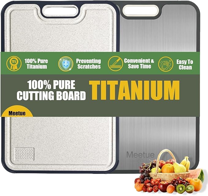 100% Pure Titanium Cutting Board, 2 in 1 Titanium Cutting Boards for Kitchen, Dishwasher Safe Cuttings Boards Double Sided with Juice Groove, Non-slip Wheat Straw PP Chopping Board, 15.2"×10.4"
