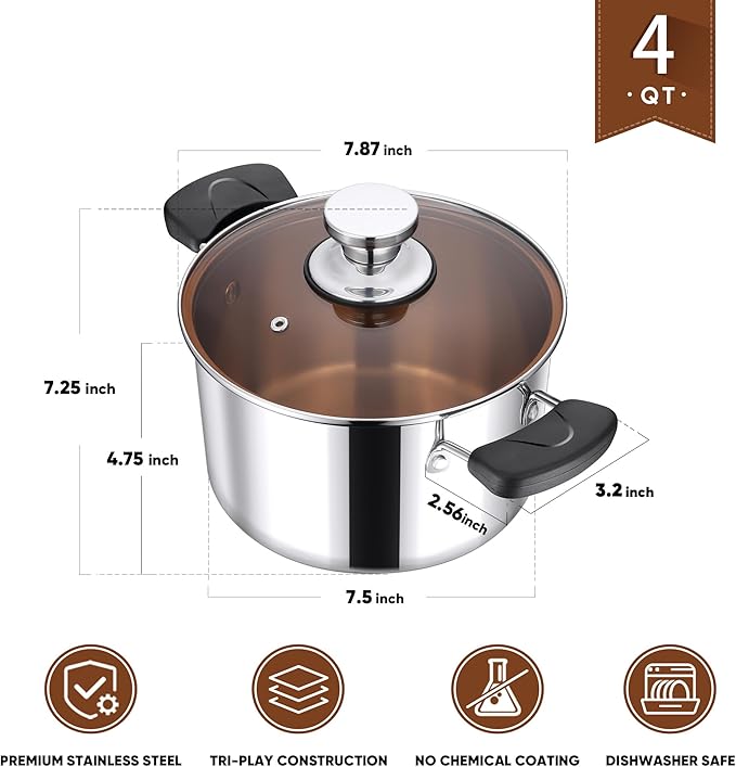 E-far 4-Qt Stock Pot, Triply Stainless Steel Stockpot with Glass Lid & Stay-Cool Handles for Cooking Simmering Soup Stew, Heavy Duty Cookware Works w/Induction, Non-toxic & Dishwasher Safe
