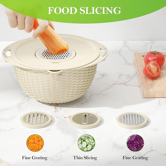 4-1 Colander with Bowl Set - Rotatable Strainers for Kitchen, Food Strainers and Colanders, Funny Presents for Women, Fruit Cleaner, Veggie Wash, Aesthetic Kitchen Gadget Essentials - Beige