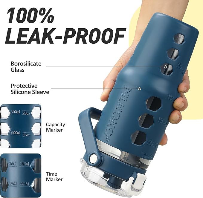 MUKOKO 32 oz Glass Tumbler with Straw,Glass Water Bottles with Time Marker,Iced Coffee Cup with Silicone Sleeve,Motivational Drinking Bottles,Leakproof-Blue